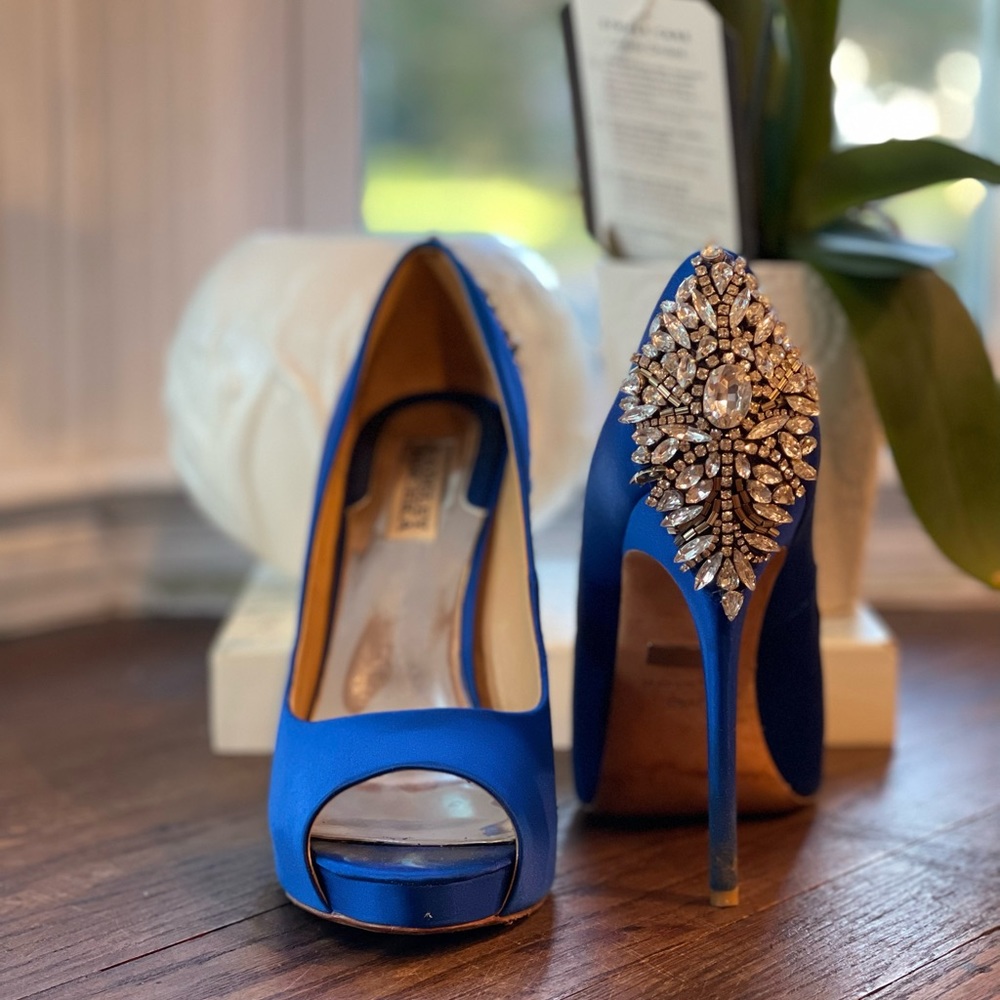 Blue pumps with gem heel